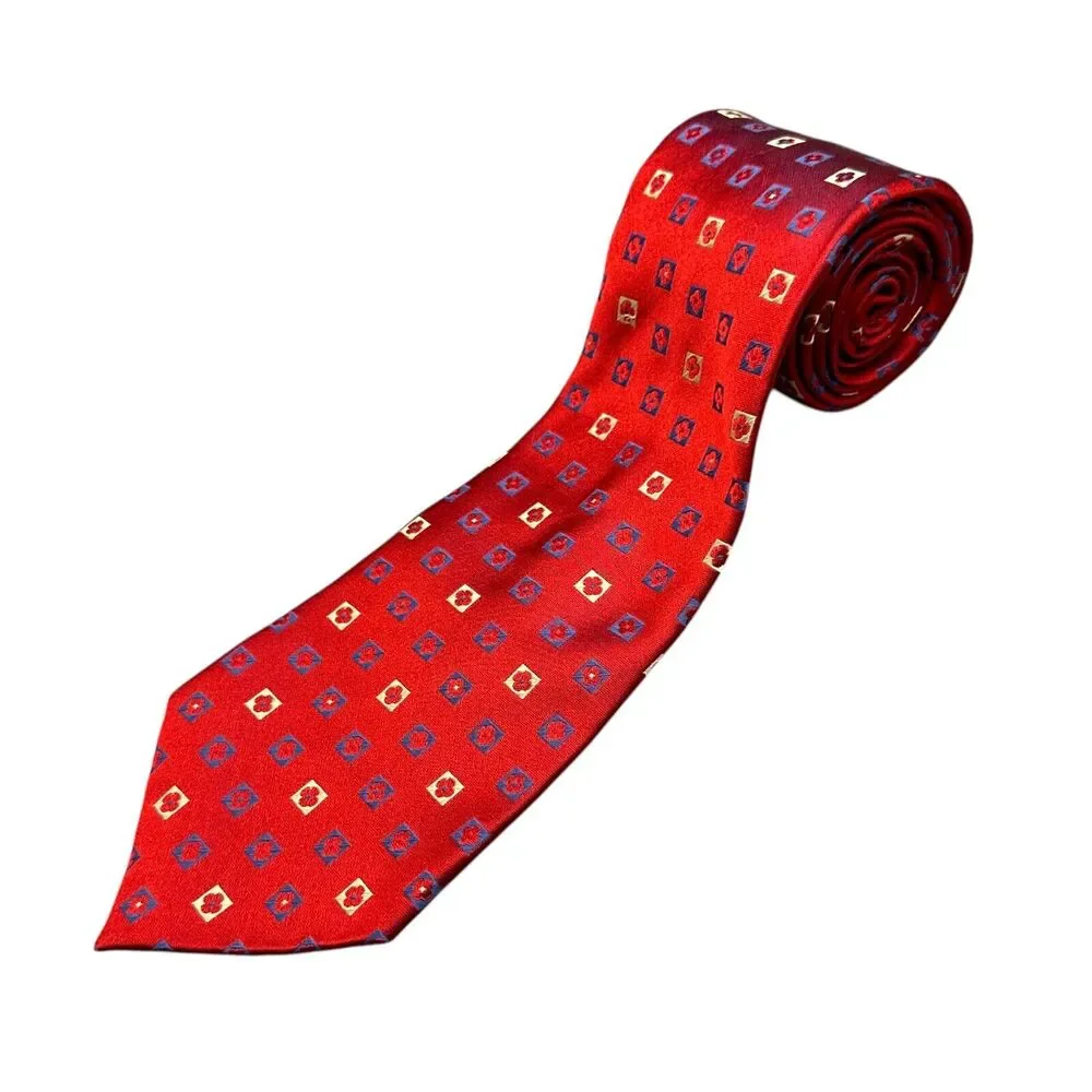 Tasso Elba 100% Silk Designer Dress Tie Mens Red Geometric Floral Pattern 59